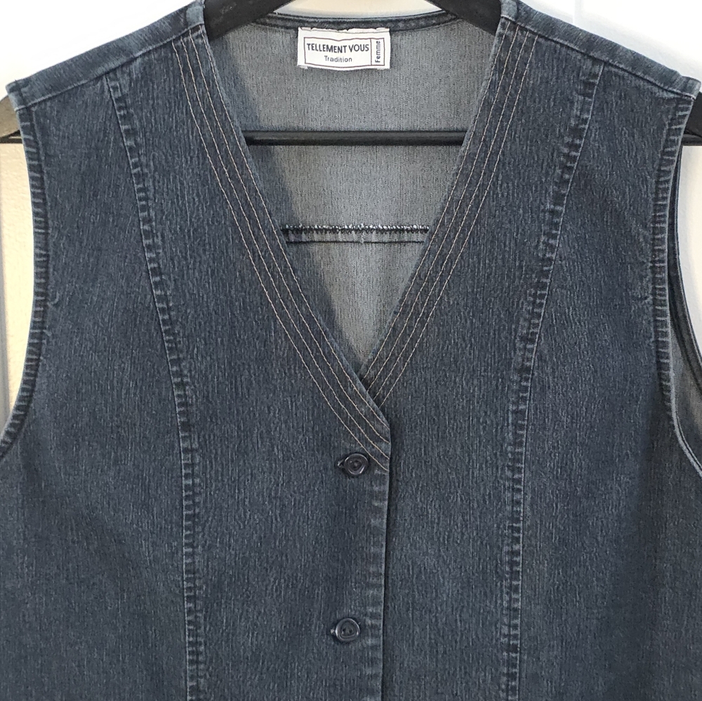 Tellement Vous Dark Wash Denim Vest – Chic Vintage Aesthetic,size L - Picture 11 of 16